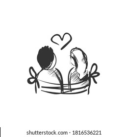 Affection line icon.Man and women sitting together on a bench. Outline drawing. Romantic expression of feelings concept. Amorous relationship. Valentine day. Isolated vector illustration
