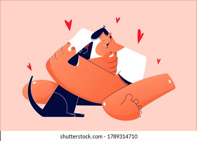 Affection, love, ownership, pet concept. Young happy smiling excited child boy kid owner cartoon character holding dog domestic animal friend in hands. Responsibility and care for puppy illustration.