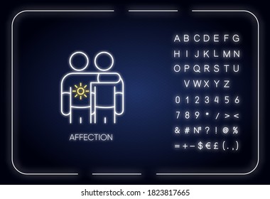 Affection neon light icon. Outer glowing effect. Sign with alphabet, numbers and symbols. Positive feelings expression, friendly relationship. Friends together vector isolated RGB color illustration