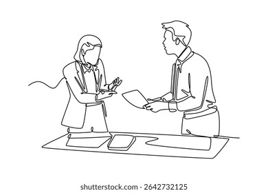 Affection in office concept. Single line draw design. Vector graphic illustration