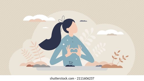 Affection And Show Love As Heart Shape Symbol With Hands Tiny Person Concept. Romantic Gesture For Missing And Feelings Expression Vector Illustration. Female Intimate Sympathy, Crush Or Flirting.