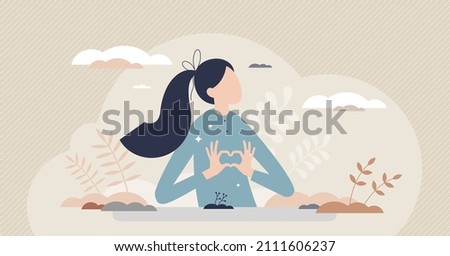 Affection and show love as heart shape symbol with hands tiny person concept. Romantic gesture for missing and feelings expression vector illustration. Female intimate sympathy, crush or flirting.