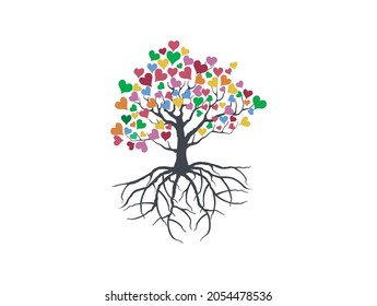 Affection tree illustrations. love tree and roots. heart shaped leaf concept