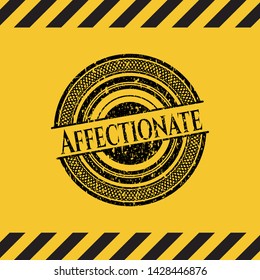 Affectionate black grunge emblem inside yellow warning sign. Vector Illustration. Detailed.