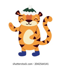 Un cariñoso tigre de caricatura con un sombrero verde. Año del Tigre y Feliz Año Nuevo. Ilustración plana del vector