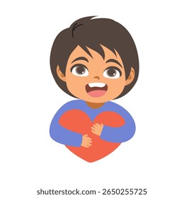 Ilustração afetuosa em estilo cartoon de um menino feliz abraçando um coração. Desenho para temas de diversidade, amizade e projetos educacionais