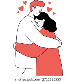 Um casal afetuoso abraçando-se calorosamente, rodeado por corações flutuantes, simbolizando amor e afeto.