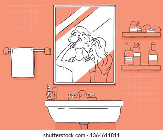 Affectionate Couple In The Morning Bathroom Mirror. Hand Drawn Style Vector Design Illustrations. 