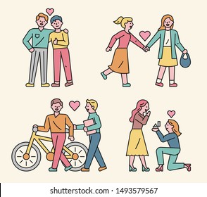 Affectionate couples. LGBTQ flat design style minimal vector illustration.