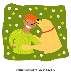 affectionate dog. Teenage boy hugging dog, pet, happy man and smiling boy with puppy, licking pets and game owners best friends