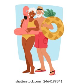 Affectionate Elderly Couple Smiles On A Sunny Day, Holding Colorful Inflatable Swim Rings. Woman Has Pink Flamingo Ring, And The Man Holds A Pineapple Ring, Symbolizing A Joyful And Active Retirement