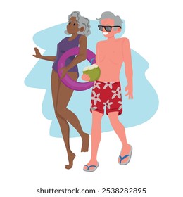 Affectionate elderly couple smiles on a sunny day, holding woman holding an inflatable swimming ring and man drinking coconut water. happy and active retirement concept, vector illustration.