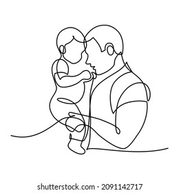 Affectionate Father With His Little Child In Continuous Line Art Drawing Style. Dad And Son Bonding. Minimalist Black Linear Sketch Isolated On White Background. Vector Illustration