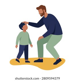 Affectionate father patting his son head gently with love and proud blessing in flat vector illustration