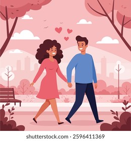 Affectionate interracial couple holding hands and walking in a dreamy pink-themed park with floating hearts and a city skyline in the background evoking feelings of romance passion and togetherness
