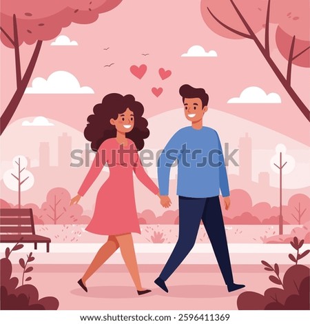 Affectionate interracial couple holding hands and walking in a dreamy pink-themed park with floating hearts and a city skyline in the background evoking feelings of romance passion and togetherness
