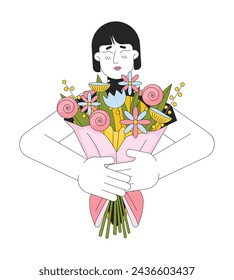 Affectionate mother bouquet 2D linear cartoon character. Hugging flowers asian woman isolated line vector person white background. Romantic surprise birthday, 8 march color flat spot illustration