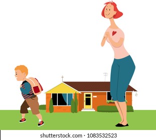 Affectionate mother seeing her little boy off to elementary school, EPS 8 vector illustration
