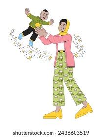 Affectionate mother throwing infant in air 2D linear cartoon characters. Muslim hijab mom playing with kid isolated line vector people white background. Smiling parent color flat spot illustration