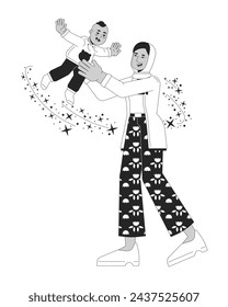 Affectionate mother throwing infant in air black and white 2D line cartoon characters. Hijab mom playing with kid isolated vector outline people. Smiling parent monochromatic flat spot illustration