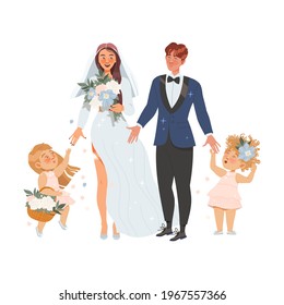 Affectionate Newlyweds Couple as Just Married Male and Female Walking Holding Bouquet with Cute Kids Accompanying Them Vector Illustration