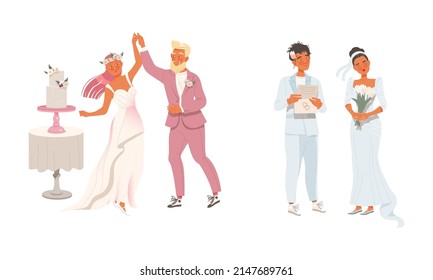 Affectionate Newlyweds Couple as Just Married Male and Female Dancing and Reading Wedding Vow Vector Illustration Set