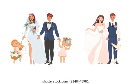 Affectionate Newlyweds Couple as Just Married Male and Female in Wedding Dress Holding Hands Vector Illustration Set