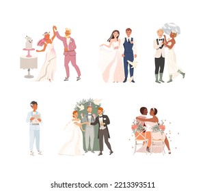 Affectionate Newlyweds Couple as Just Married Male and Female in Wedding Dress and Suit Vector Set