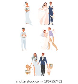 Affectionate Newlyweds Couples as Just Married Male and Female in Wedding Dress Dancing and Feeling in Love Vector Illustration Set