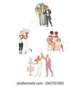 Affectionate Newlyweds Couples as Just Married Male and Female in Wedding Dress Dancing and Feeling in Love Vector Illustration Set