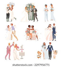 Affectionate Newlyweds Couples as Just Married Male and Female in Wedding Dress Feeling in Love Big Vector Set