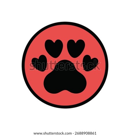 Affectionate Paw Print Icon. This charming graphic displays a cherished animal's footmark, featuring four loving heart shapes on a bold red background, symbolizing devotion and care for companions.