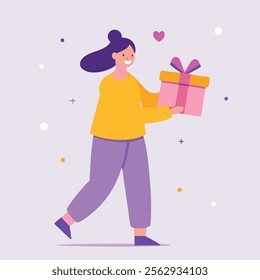 Affectionate Woman Offering a Gift Vector Cartoon Illustration. Girlfriend holding a Valentine’s Day present box