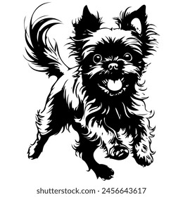 Affenpinscher jumps engrave hand drawn animal illustration, transparent background