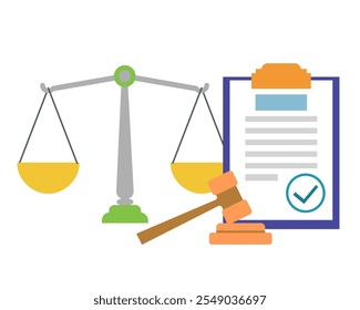 Declaración jurada. Documento, mazo del juez y escalas de justicia. Ilustración plana de color simple de Vector.