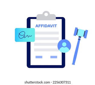 Affidavit statement paper document. Oath or affirmation concept. Written legal declaration. Notary procedure. Judicial proceedings, contract or agreement flat vector illustration.