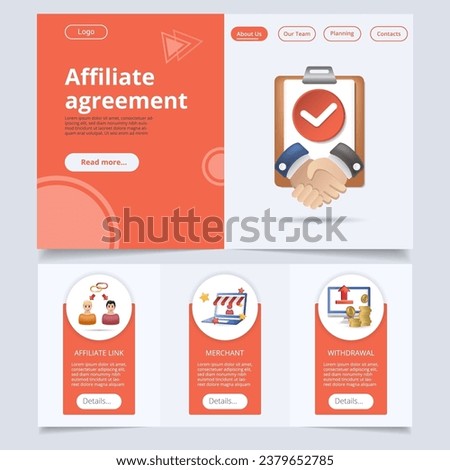 Affiliate agreement flat landing page website template. Affiliate link, merchant, withdrawal. Web banner with header, content and footer. Vector illustration.