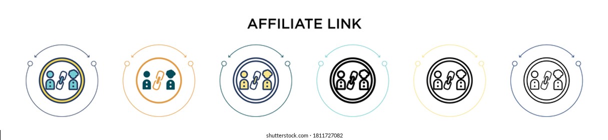 Icono de vínculo de afiliado en estilo relleno, delgado, contorno y trazo. Ilustración vectorial de dos diseños de iconos vectoriales de enlace de color y negro para móviles, ui, web
