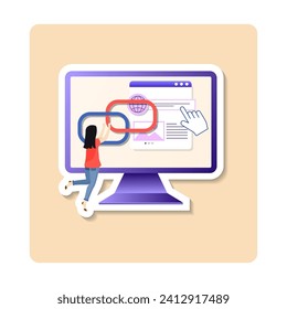 Affiliate link sticker illustration. Clicking on affiliate link on monitor computer screen. Vector sticker illustration on white background.