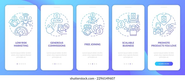 Affiliate marketer benefits blue gradient onboarding mobile app screen. Walkthrough 5 steps graphic instructions with linear concepts. UI, UX, GUI template. Myriad Pro-Bold, Regular fonts used