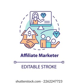 Affiliate marketer concept icon. Influencer impact. Party in performance marketing abstract idea thin line illustration. Isolated outline drawing. Editable stroke. Arial, Myriad Pro-Bold fonts used