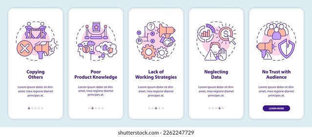 Affiliate marketer mistakes onboarding mobile app screen. Business walkthrough 5 steps editable graphic instructions with linear concepts. UI, UX, GUI template. Myriad Pro-Bold, Regular fonts used