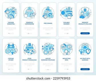 El publicista afiliado trabaja con pantallas de aplicaciones móviles en pantalla azul. Recorrido 5 pasos instrucciones gráficas editables con conceptos lineales. UI, UX, plantilla GUI. Multitud de tipos de letra Pro-Bold, con uso regular