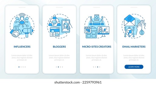 Affiliate marketers types blue onboarding mobile app screen. Sales walkthrough 4 steps editable graphic instructions with linear concepts. UI, UX, GUI template. Myriad Pro-Bold, Regular fonts used