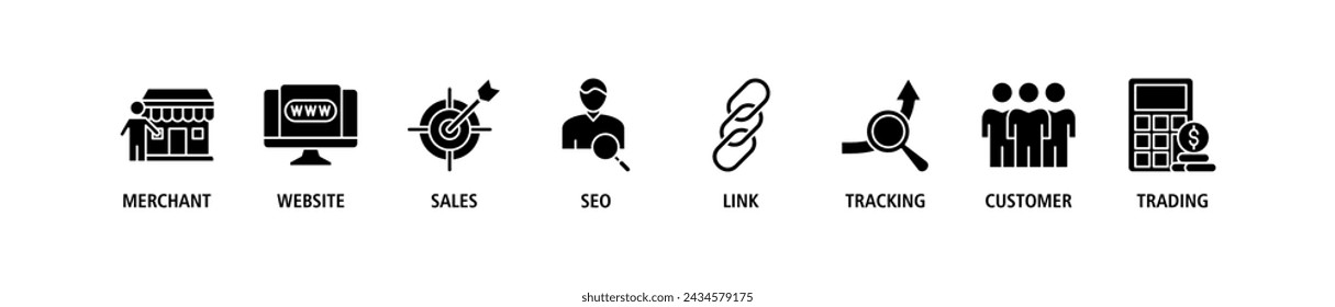 Affiliate marketing banner web icon set vector illustration concept with icon of merchant, website, sales, seo, link, tracking, customer and trading