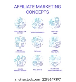 Affiliate marketing blue gradient concept icons set. Business partnership with influencers idea thin line color illustrations. Isolated symbols. Roboto-Medium, Myriad Pro-Bold fonts used