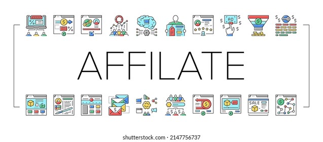 Affiliate Marketing And Commerce Icons Set Vector. Affiliate Marketing And Promote Product, Neuromarketing Technology For Searching Audience Customer, Money Back And Feedback Line. Color Illustrations
