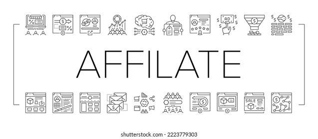 Affiliate Marketing And Commerce Icons Set Vector. Affiliate Marketing And Promote Product, Neuromarketing Technology For Searching Audience Customer, Money Back Feedback Black Contour Illustrations