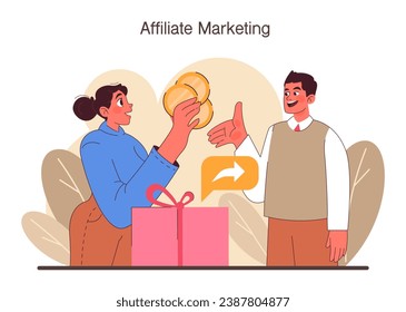 Affiliate marketing. Commercial program for client retention. Referral marketing and business partnership, referral program strategy and development. Flat vector illustration