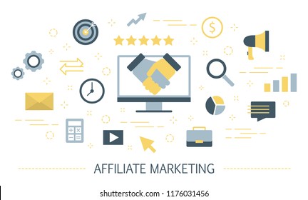 Affiliate marketing concept. Idea of partnership and mutual business promotion. Sales increase through advertising. Isolated vector illustration